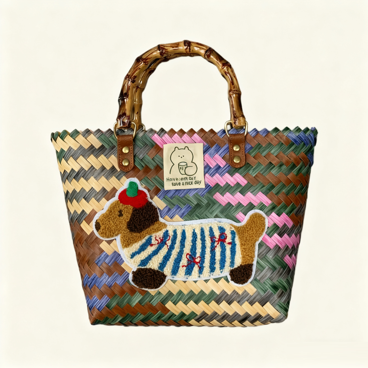 Large capacity sausage dog hand woven cabbage basket rattan woven handbag office miscellaneous carry bag picnic women's bag