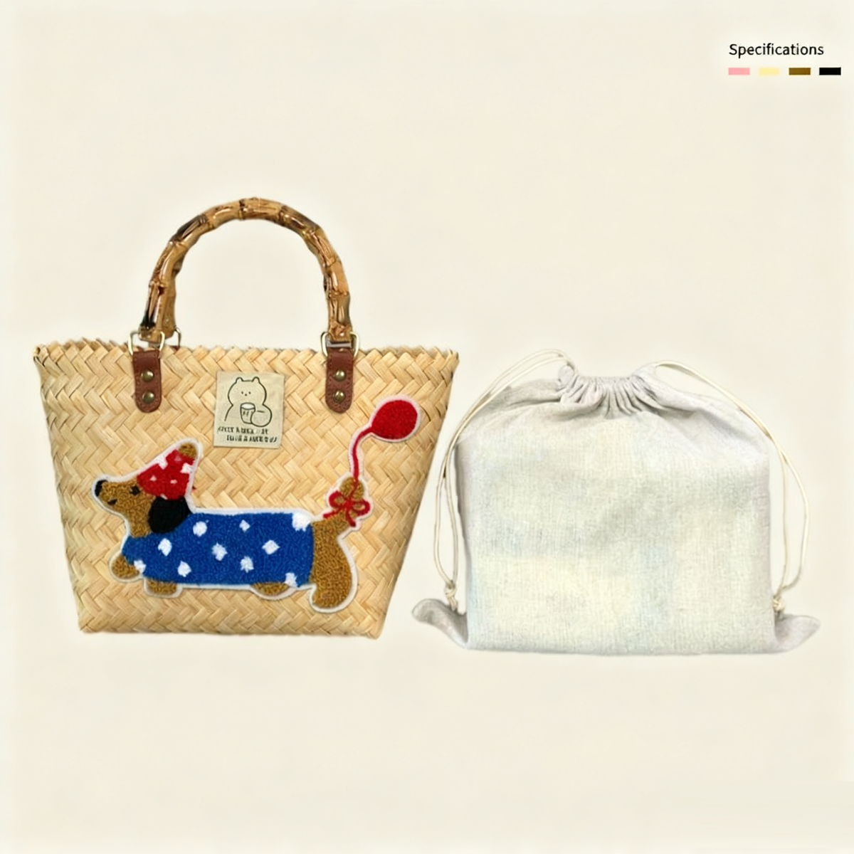 Large capacity sausage dog hand woven cabbage basket rattan woven handbag office miscellaneous carry bag picnic women's bag