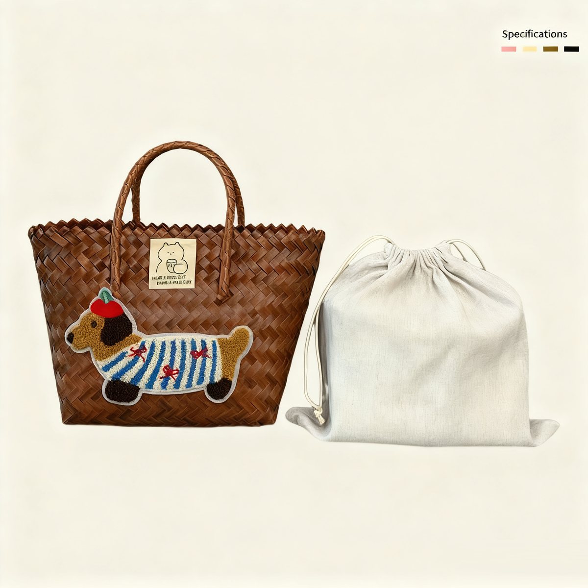 Large capacity sausage dog hand woven cabbage basket rattan woven handbag office miscellaneous carry bag picnic women's bag