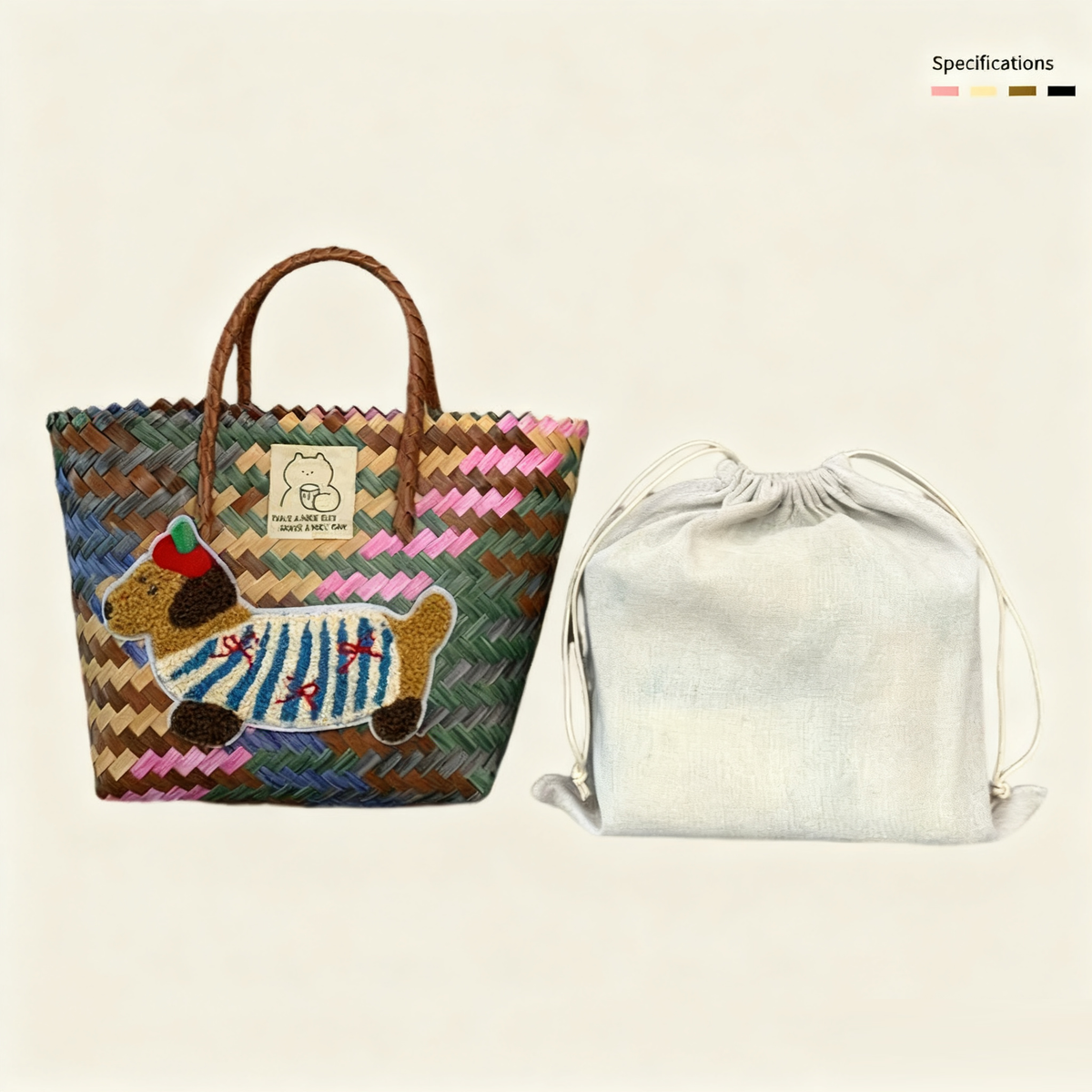 Large capacity sausage dog hand woven cabbage basket rattan woven handbag office miscellaneous carry bag picnic women's bag
