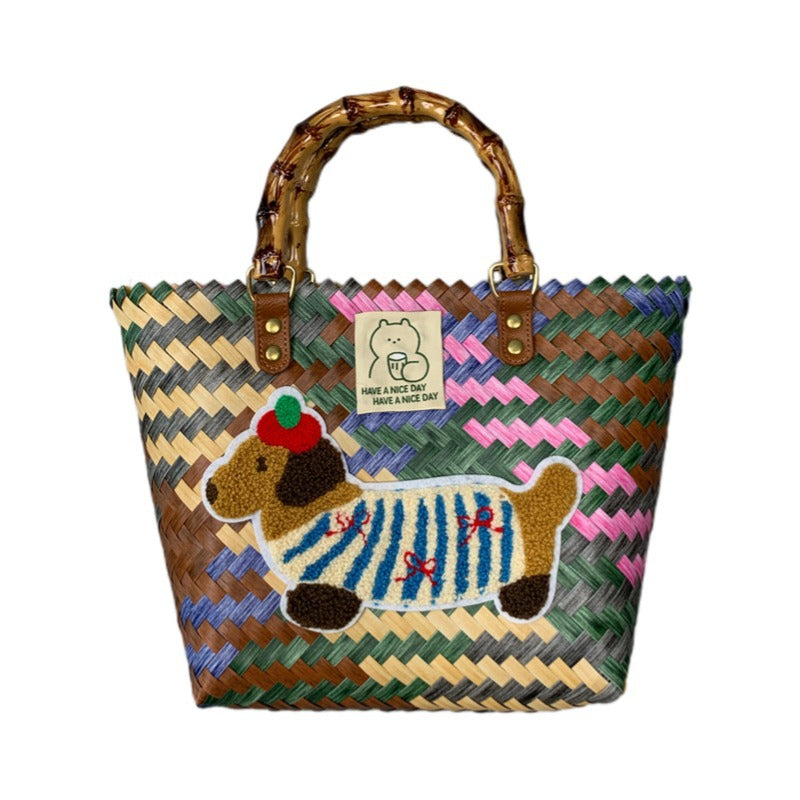 Large capacity sausage dog hand woven cabbage basket rattan woven handbag office miscellaneous carry bag picnic women's bag