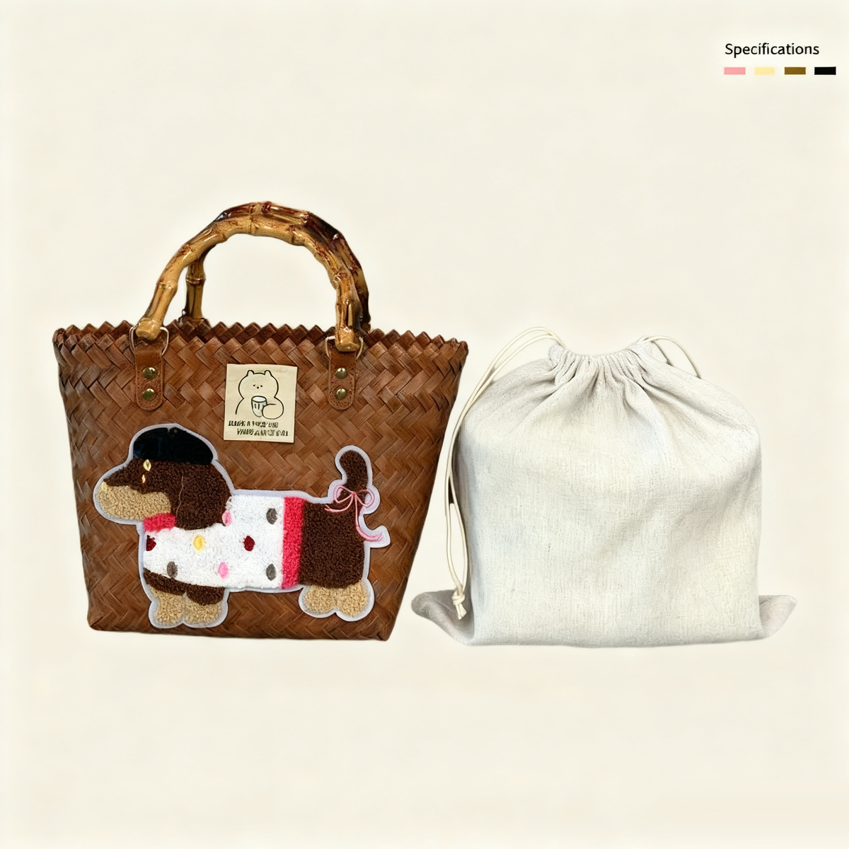 Large capacity sausage dog hand woven cabbage basket rattan woven handbag office miscellaneous carry bag picnic women's bag