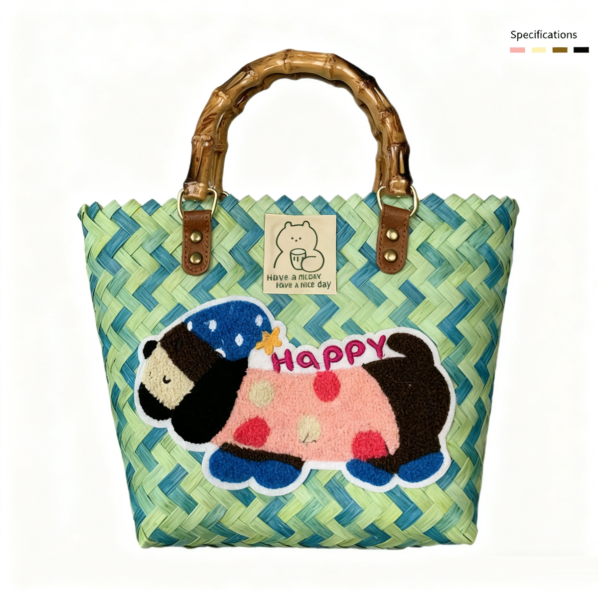 Large capacity sausage dog hand woven cabbage basket rattan woven handbag office miscellaneous carry bag picnic women's bag