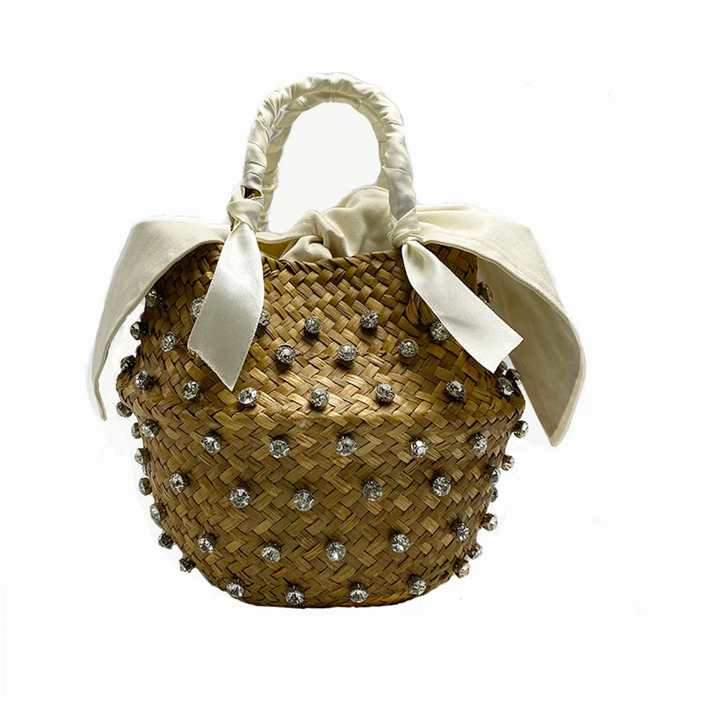 Handmade Sewing Holiday Fashion Crystal Woven Basket Diamond Tote Luxury Beach Resort Retro Handbag Bag Women Design Straw 2023