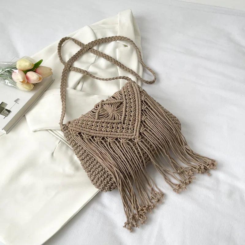 Handmade Cotton Woven Knitted Tassel Crossbody Bag Vintage Shoulder Messenger Bag Female Fashion Beach Summer Handbags 2023 bag