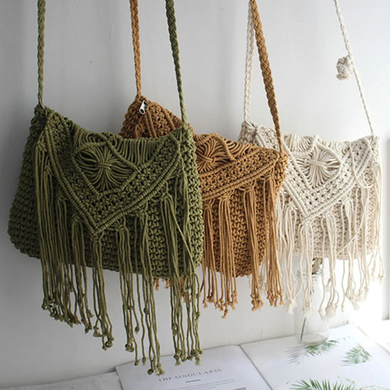Handmade Cotton Woven Knitted Tassel Crossbody Bag Vintage Shoulder Messenger Bag Female Fashion Beach Summer Handbags 2023 bag
