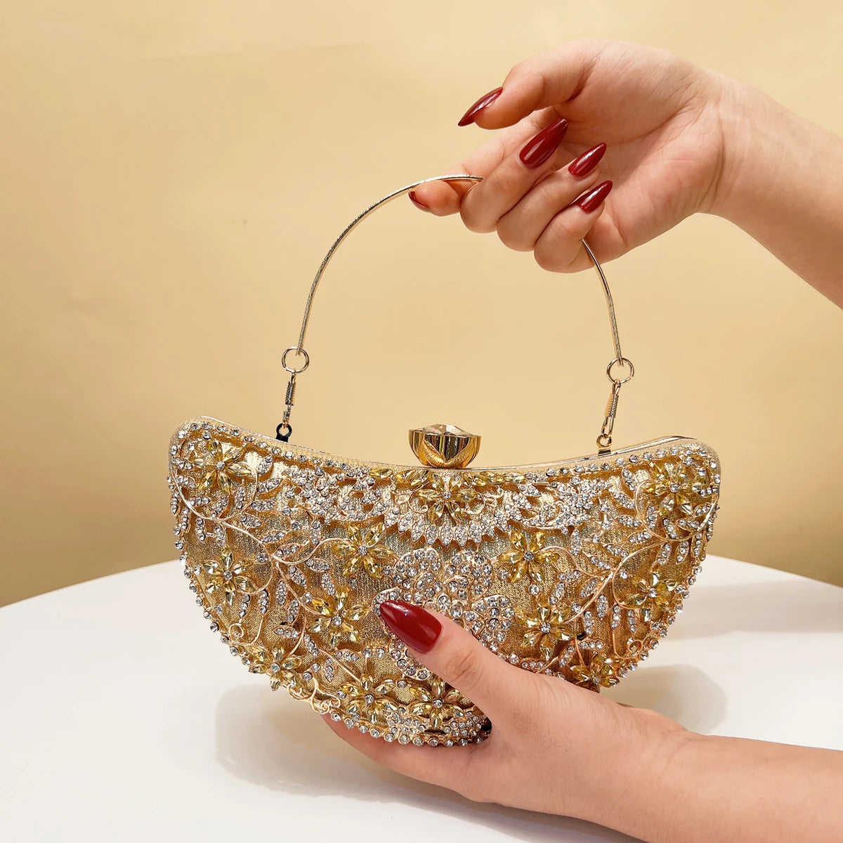 Moon Design Women Clutch Bags Rhinestones Hollow Out Style Crystal Purple Color Evening Bags Ladies Acrylic Golden Metal Glitter