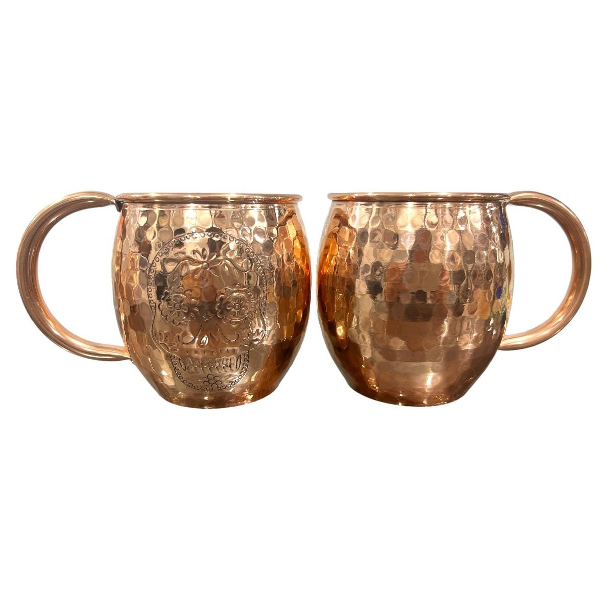 Set of Two Copper Barrel Mugs with Chiselled Skull (Day of the Dead), Hammered and Shiny Finish
