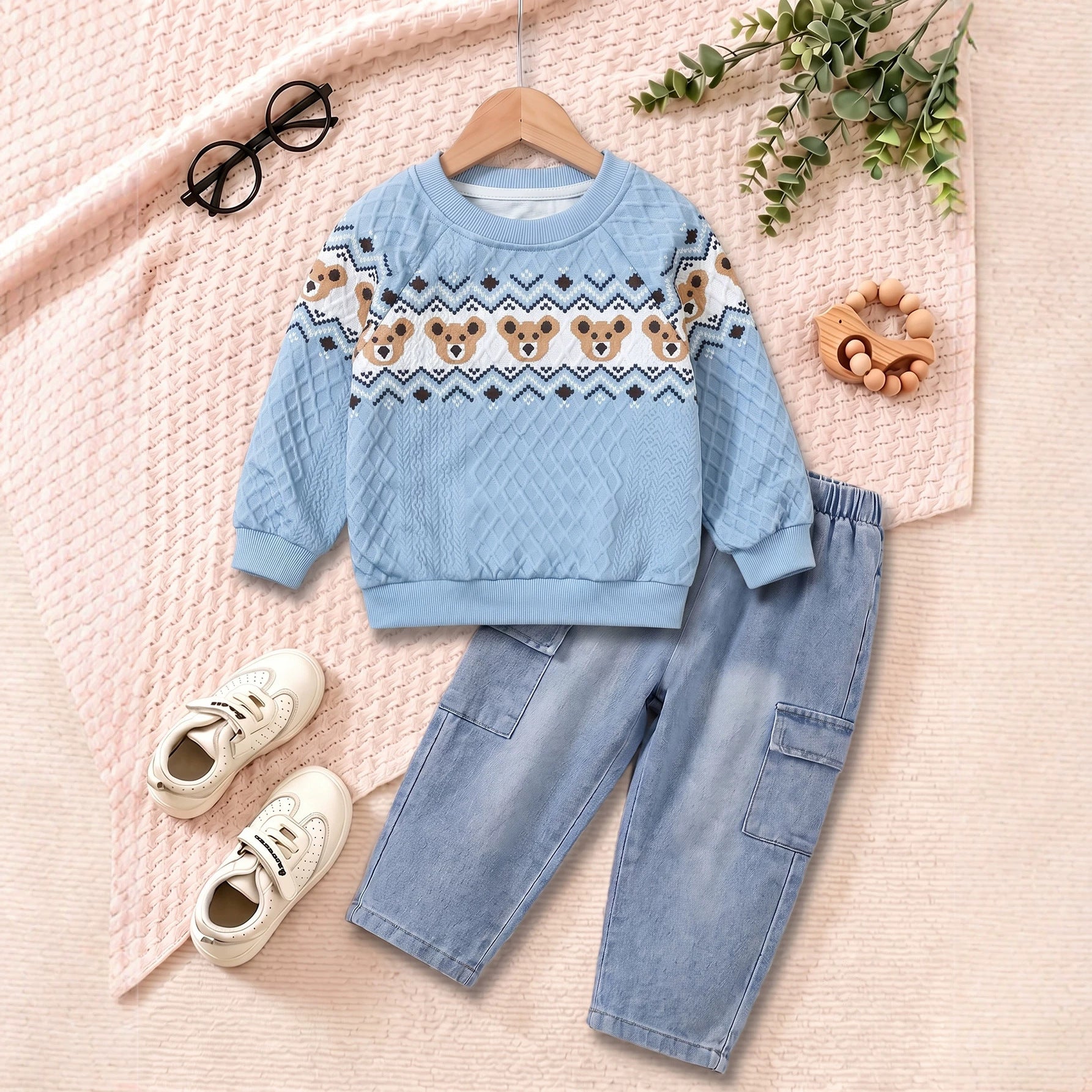 Cute Bear Round Neck Long Sleeve Hoodie and Jeans Pants Set for Boys