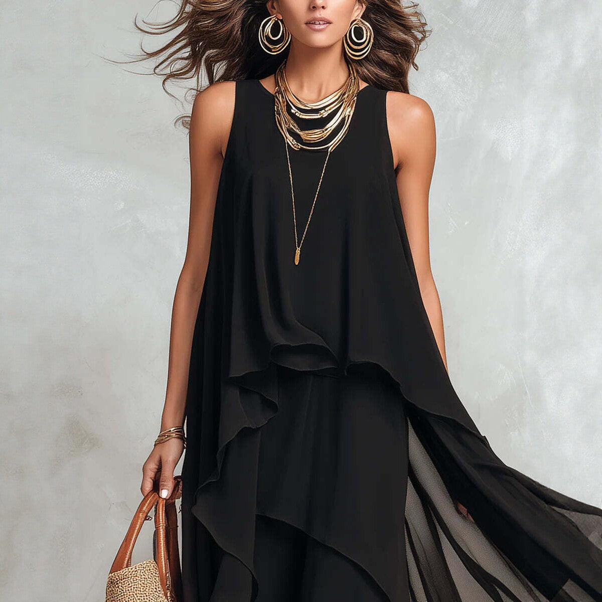 Chic Flowy Black Sleeveless Asymmetrical Chiffon Long Dress eprolo