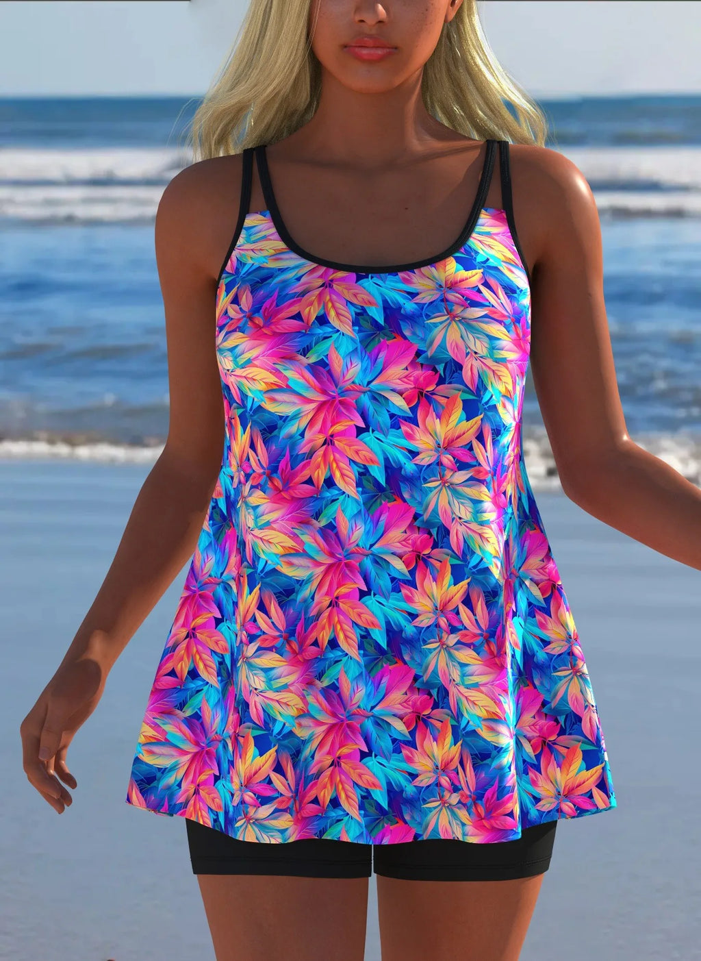 Black White Print Tankini Sleeveless Flared Hem Tankini Top High Stretch Swim Tank Gradient Adjustable Straps Two Piece Swim Top Rumanglobalcraft