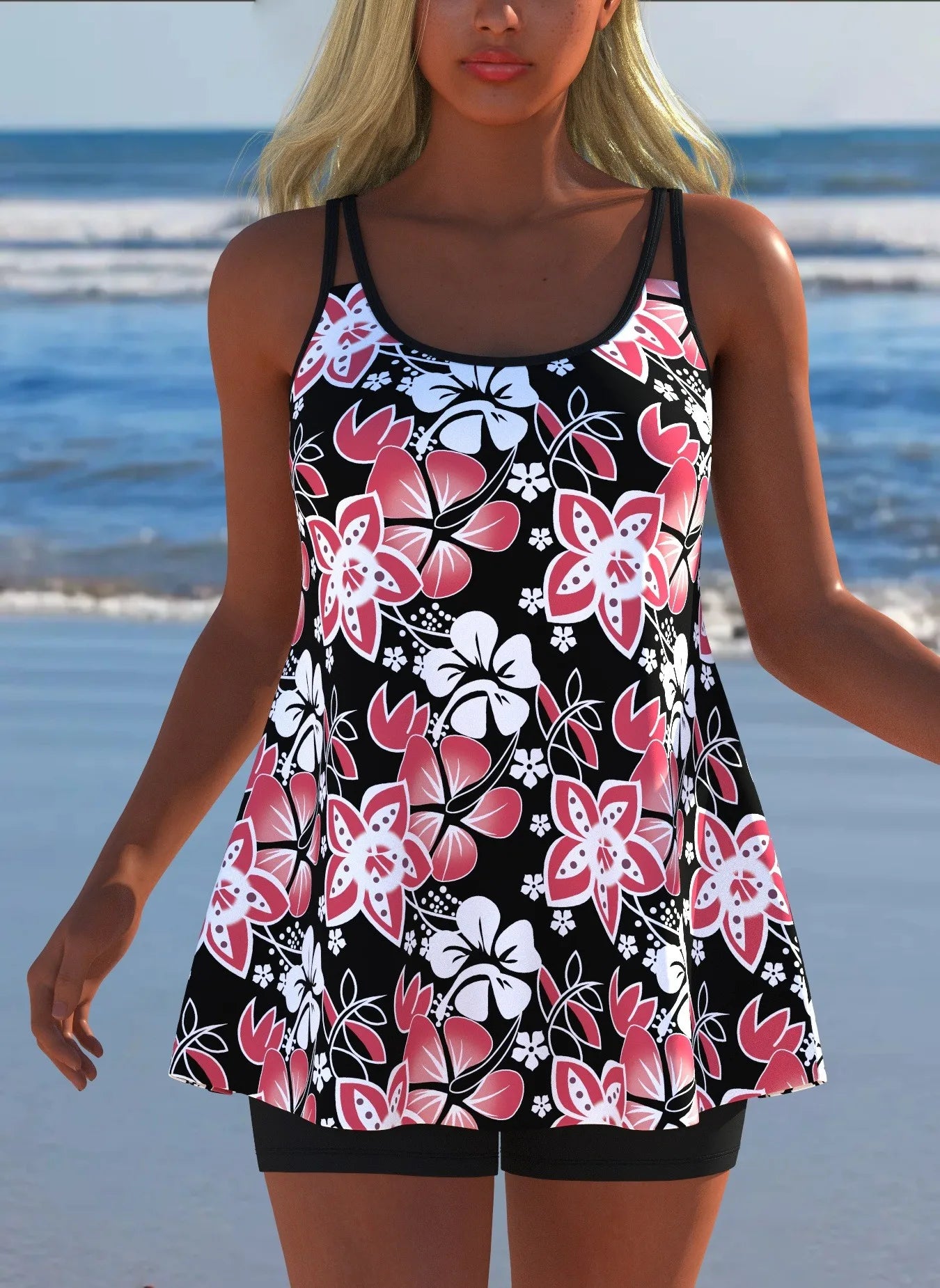 Black White Print Tankini Sleeveless Flared Hem Tankini Top High Stretch Swim Tank Gradient Adjustable Straps Two Piece Swim Top Rumanglobalcraft