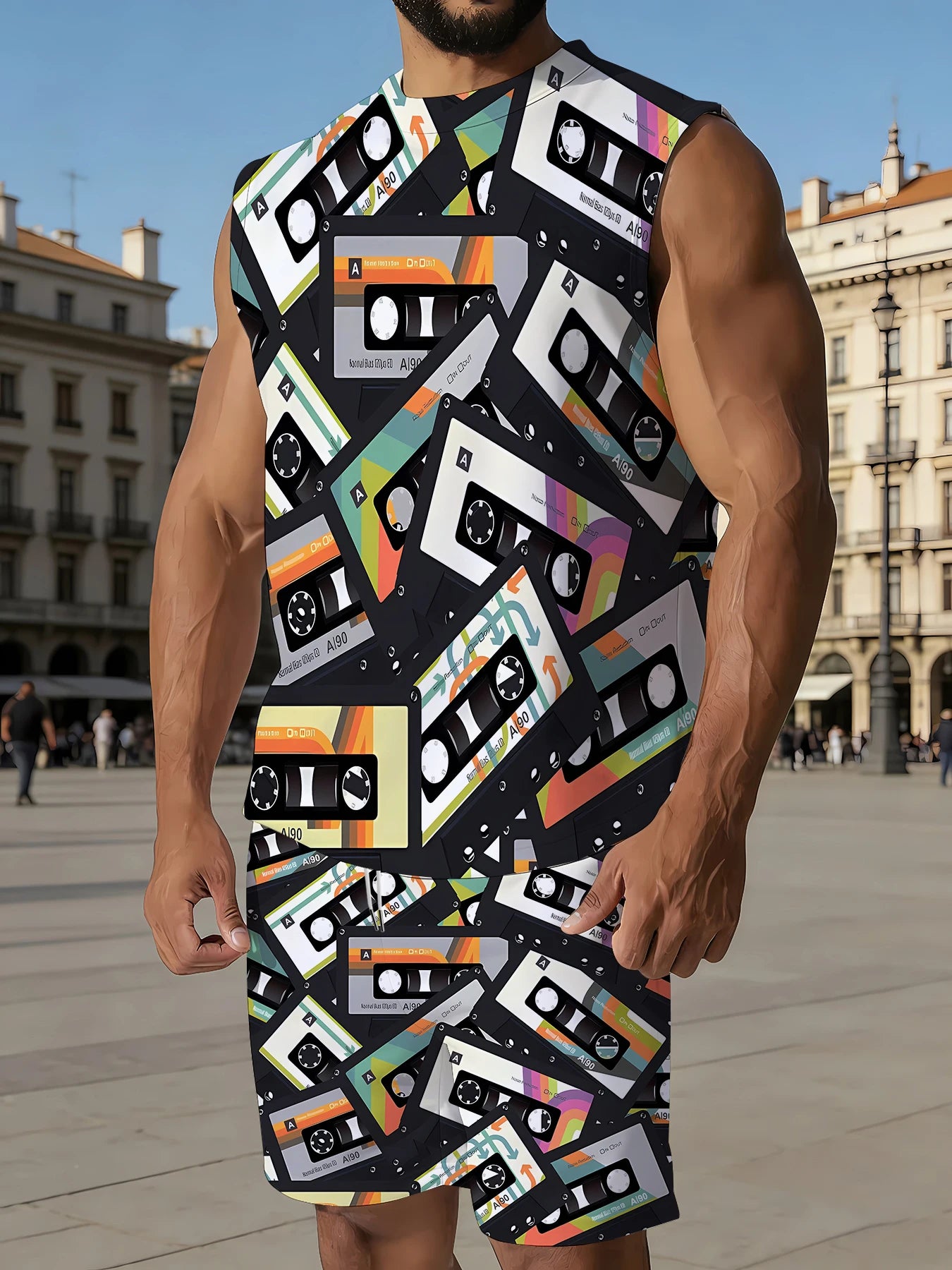 Men's V-Neck Tank Top and Shorts Set Lightweight Polyester Homewear Vacation Outfit Standard Fit Rumanglobalcraft