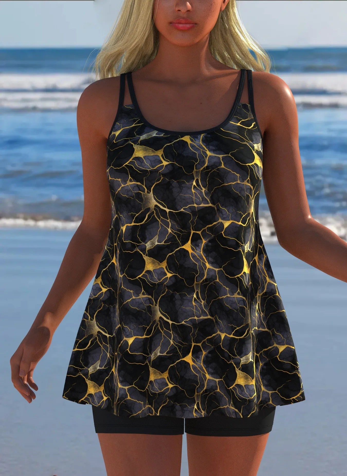 Black White Print Tankini Sleeveless Flared Hem Tankini Top High Stretch Swim Tank Gradient Adjustable Straps Two Piece Swim Top Rumanglobalcraft