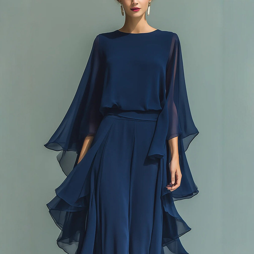 Deep Blue Ruffle Wide-Leg Pants Set for Women, Fashion Elegant Two-Piece Long Sleeve Casual Pants eprolo