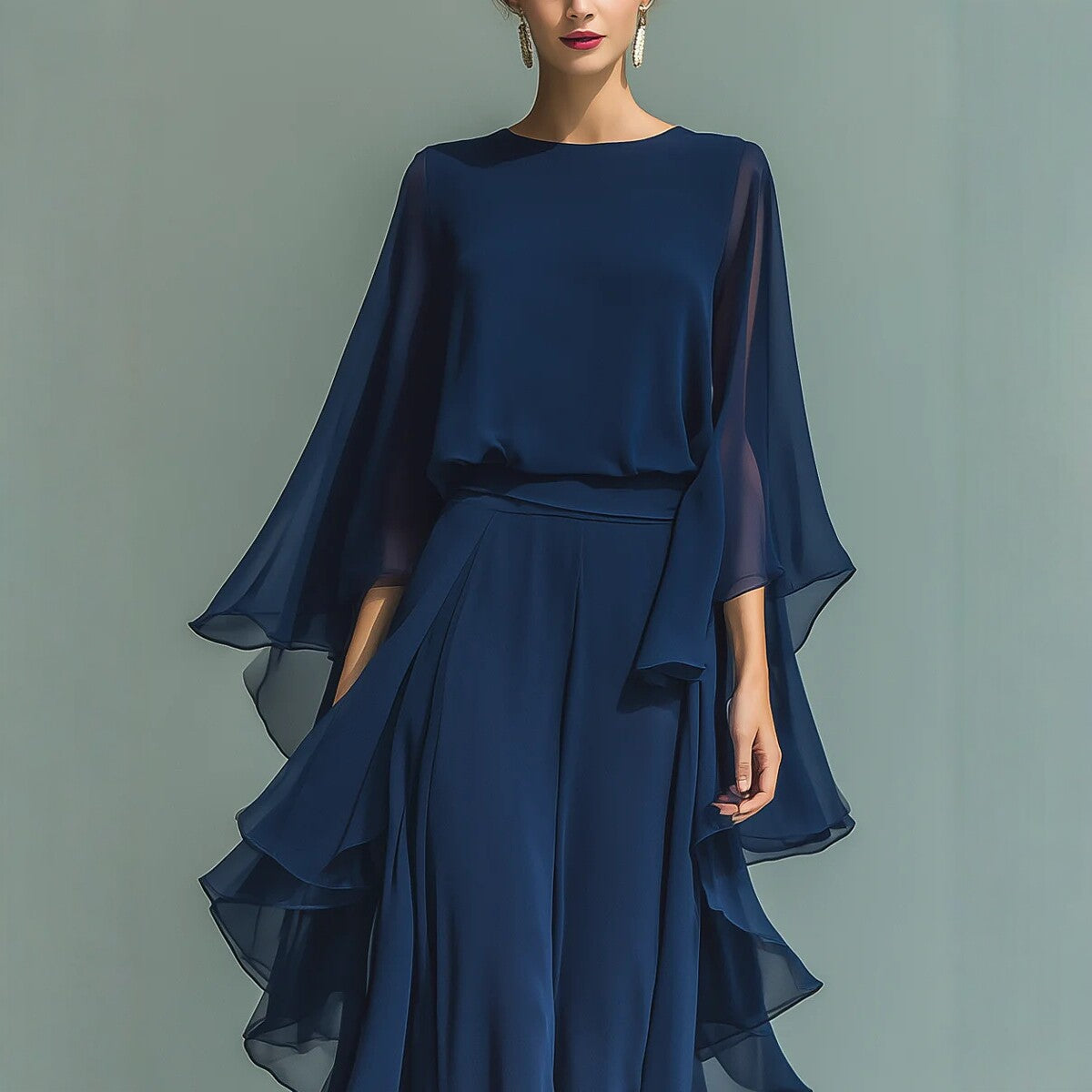 Deep Blue Ruffle Wide-Leg Pants Set for Women, Fashion Elegant Two-Piece Long Sleeve Casual Pants eprolo