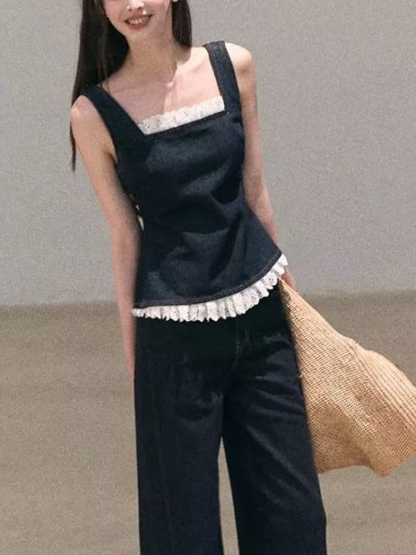 Bohemian Lace Denim Strap Wide-Leg Pants Set Sun-Kissed Look