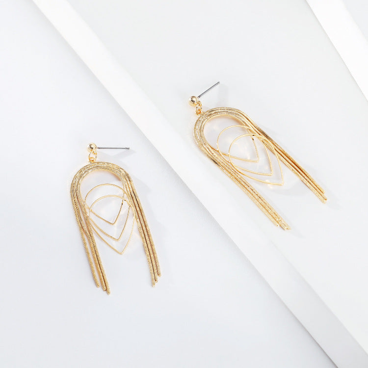 Copper-plated Real Gold Thin Chain Geometric Multi-layer Drop-shaped Long Earrings