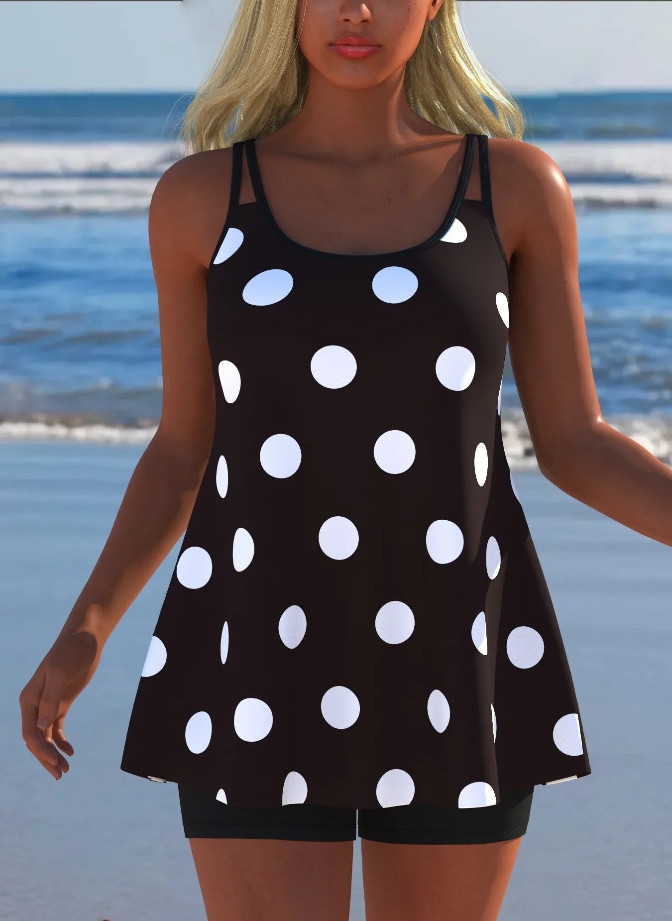 Black White Print Tankini Sleeveless Flared Hem Tankini Top High Stretch Swim Tank Gradient Adjustable Straps Two Piece Swim Top Rumanglobalcraft