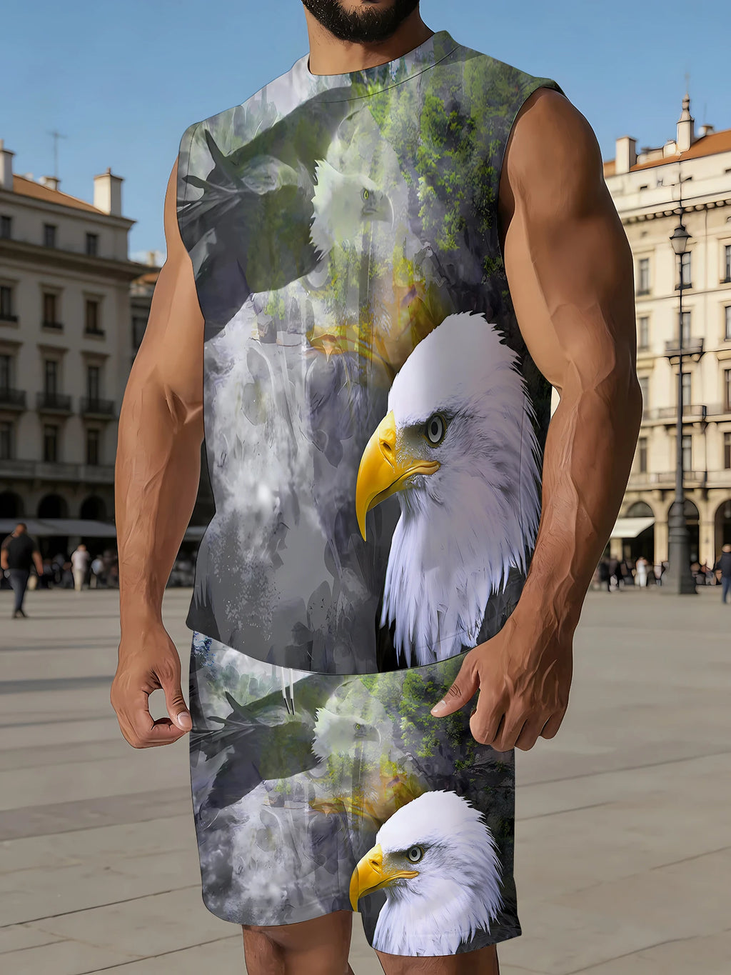 Men's Camouflage Print Tank Top and Shorts Set Polyester Tactical Style Casual Outfit EU/US Size Rumanglobalcraft