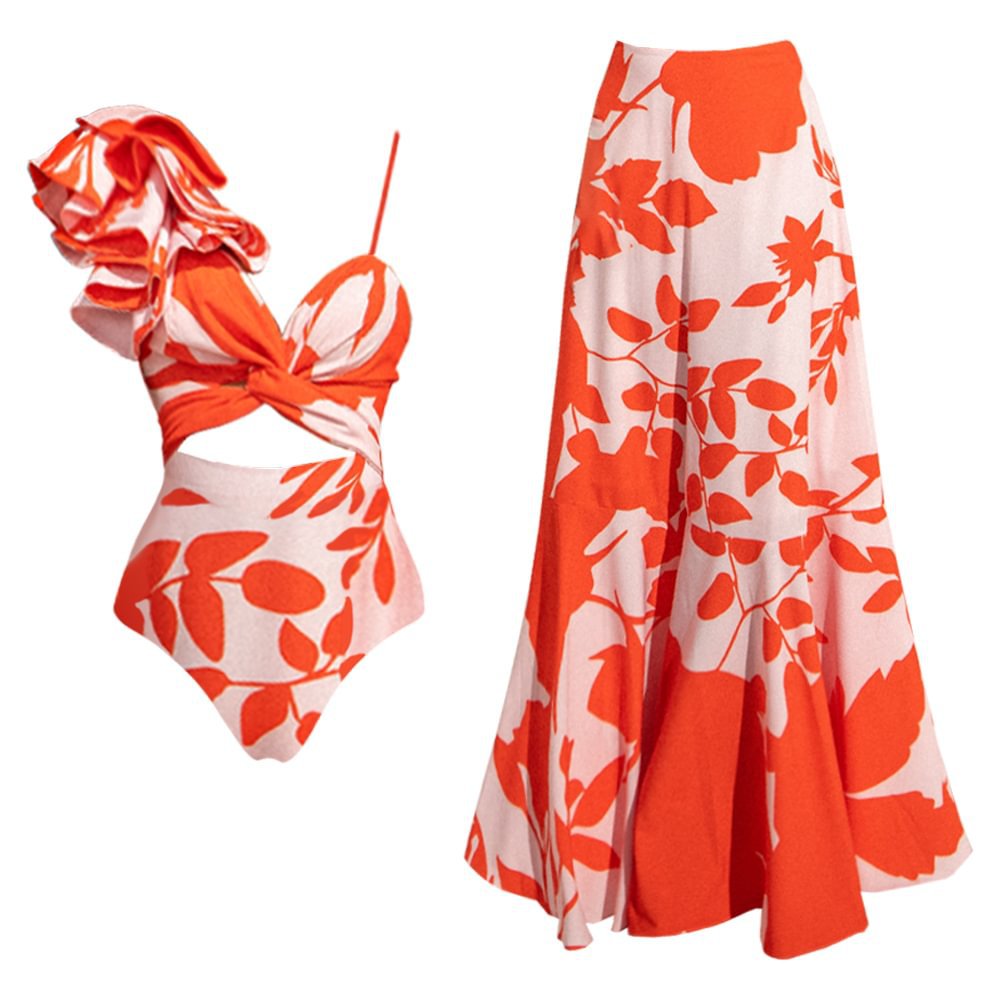 One-Shoulder Ruffle Cut-Out Printed One-Piece Swimsuit with Skirt for Women eprolo