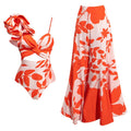 One-Shoulder Ruffle Cut-Out Printed One-Piece Swimsuit with Skirt for Women eprolo