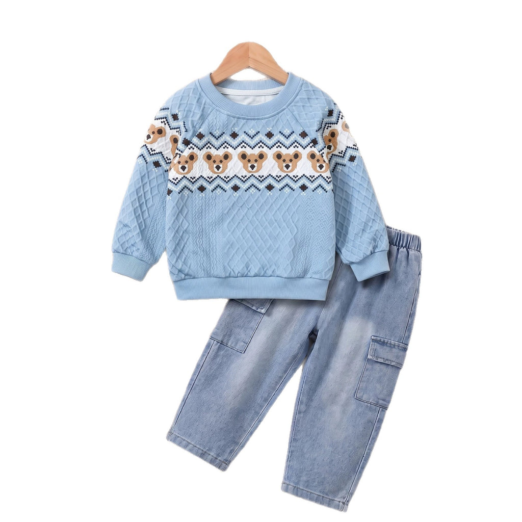 Cute Bear Round Neck Long Sleeve Hoodie and Jeans Pants Set for Boys