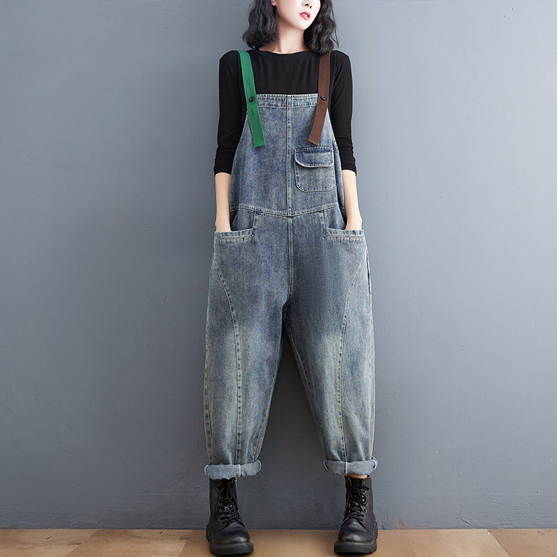 Fat Sister Clash-colored Shoulder Strap Jeans Overalls