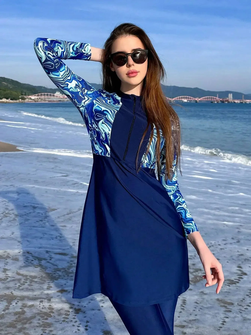 Womens 3-Piece Beach Swim Set With Long Sleeve Top And Skirt Rumanglobalcraft