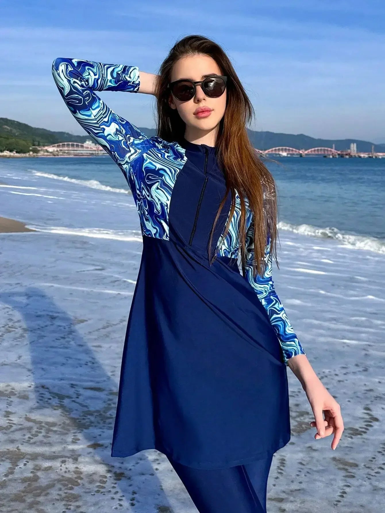 Womens 3-Piece Beach Swim Set With Long Sleeve Top And Skirt Rumanglobalcraft
