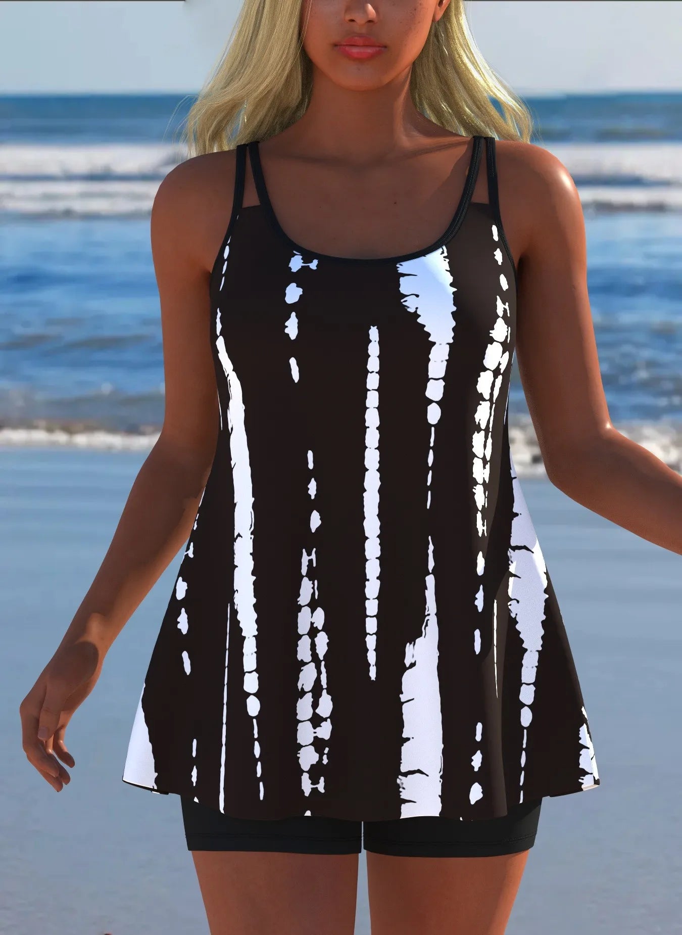 Black White Print Tankini Sleeveless Flared Hem Tankini Top High Stretch Swim Tank Gradient Adjustable Straps Two Piece Swim Top Rumanglobalcraft