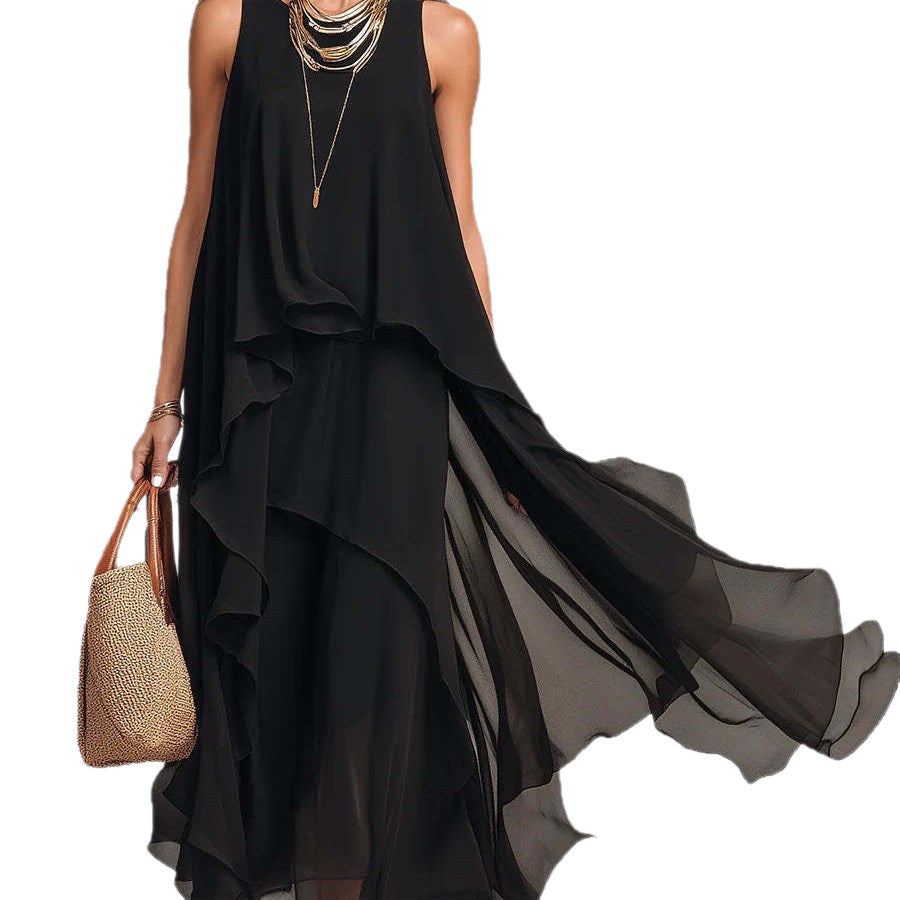 Chic Flowy Black Sleeveless Asymmetrical Chiffon Long Dress eprolo