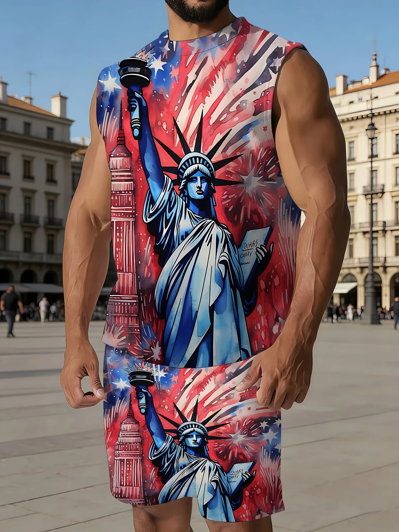 Men's V-Neck Tank Top and Shorts Set Lightweight Polyester Homewear Vacation Outfit Standard Fit Rumanglobalcraft
