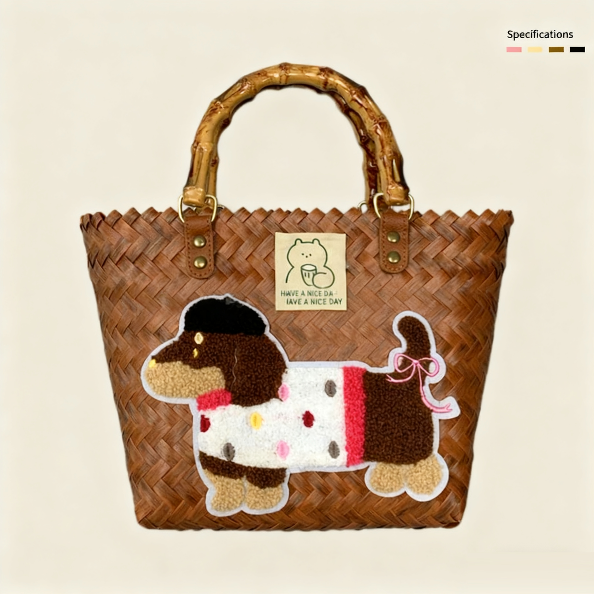 Large capacity sausage dog hand woven cabbage basket rattan woven handbag office miscellaneous carry bag picnic women's bag