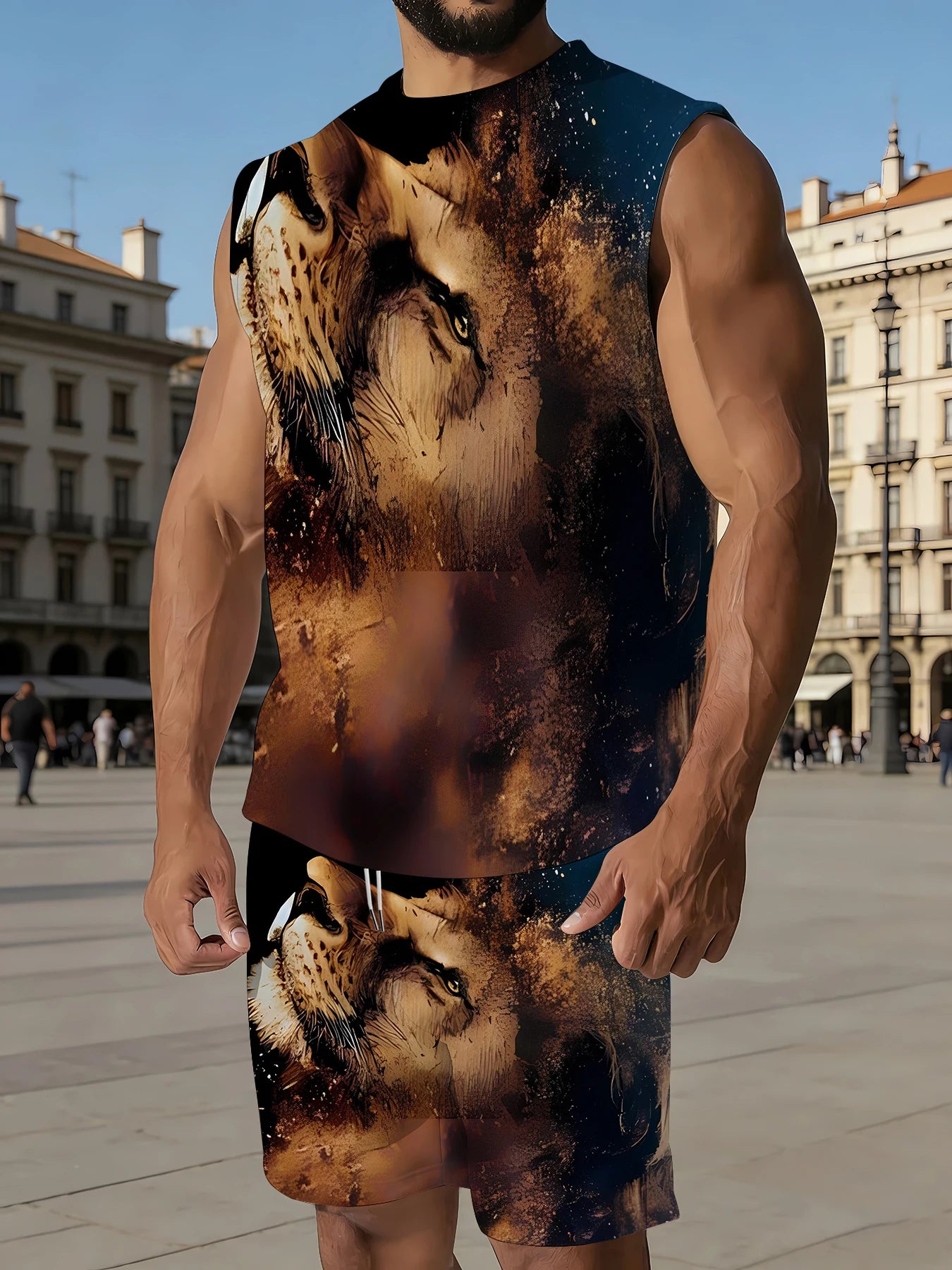 Men's Tropical Floral Print Tank Top and Shorts Set Polyester Beachwear Quick Dry Vacation Outfit Rumanglobalcraft