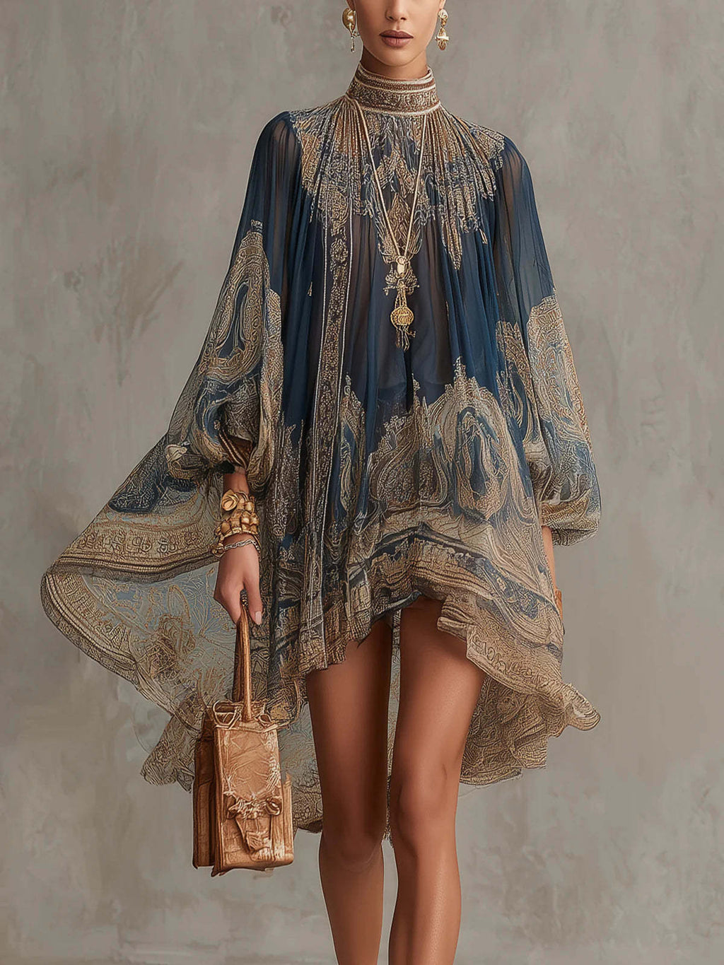 Printed Long Sleeve High Neck Loose Dress eprolo