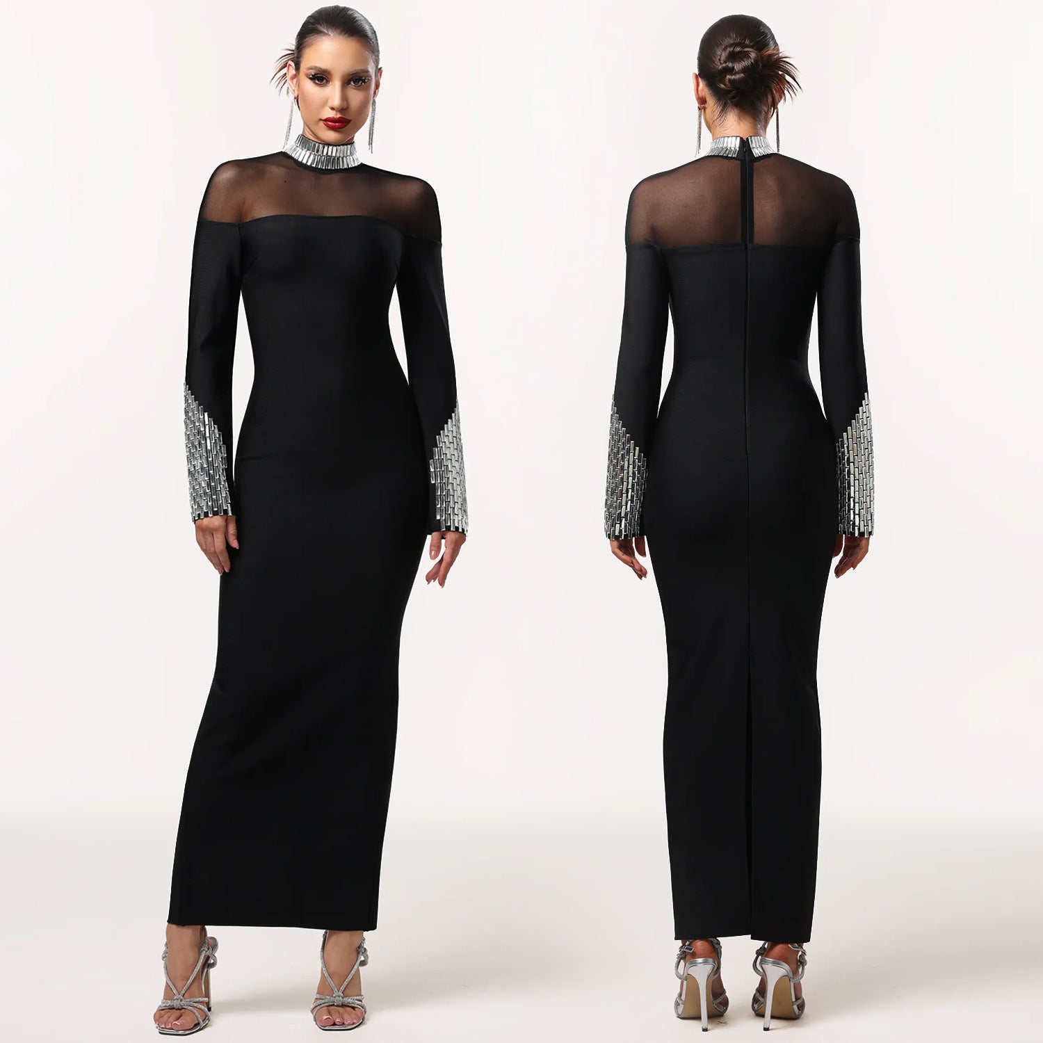 Elegant High Neck Long Sleeve Fitted Sequined Dress for Women