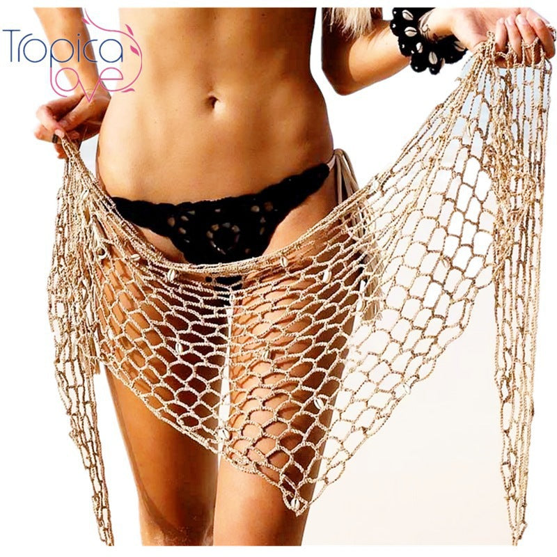 Long Beach Cover-Up Bikini Top for Women, Sexy Swimwear, Hollow-Out Mesh Beach Shawl, Island Style Swim Dress