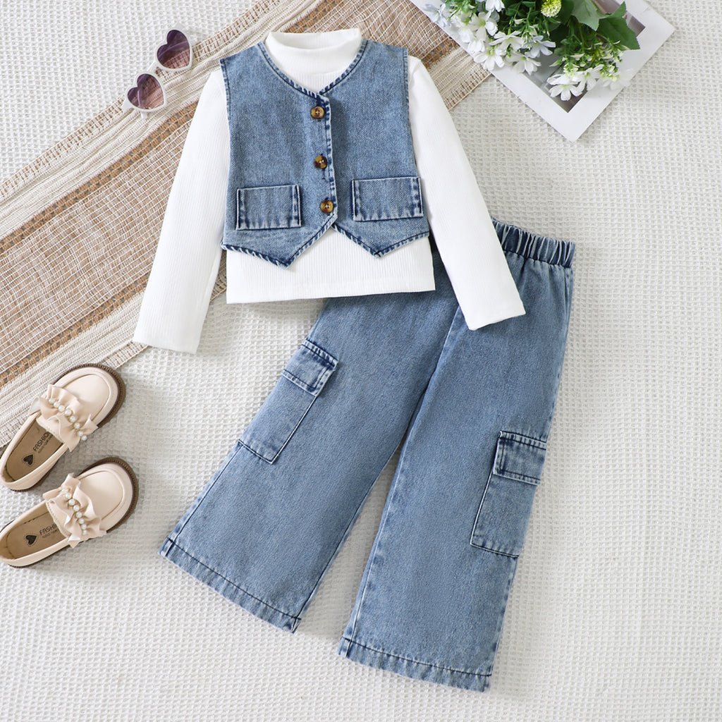 Fashionable  Girls' Denim Set Long Sleeve Bodysuit Denim Vest Wide Leg Pants Three-Piece Set