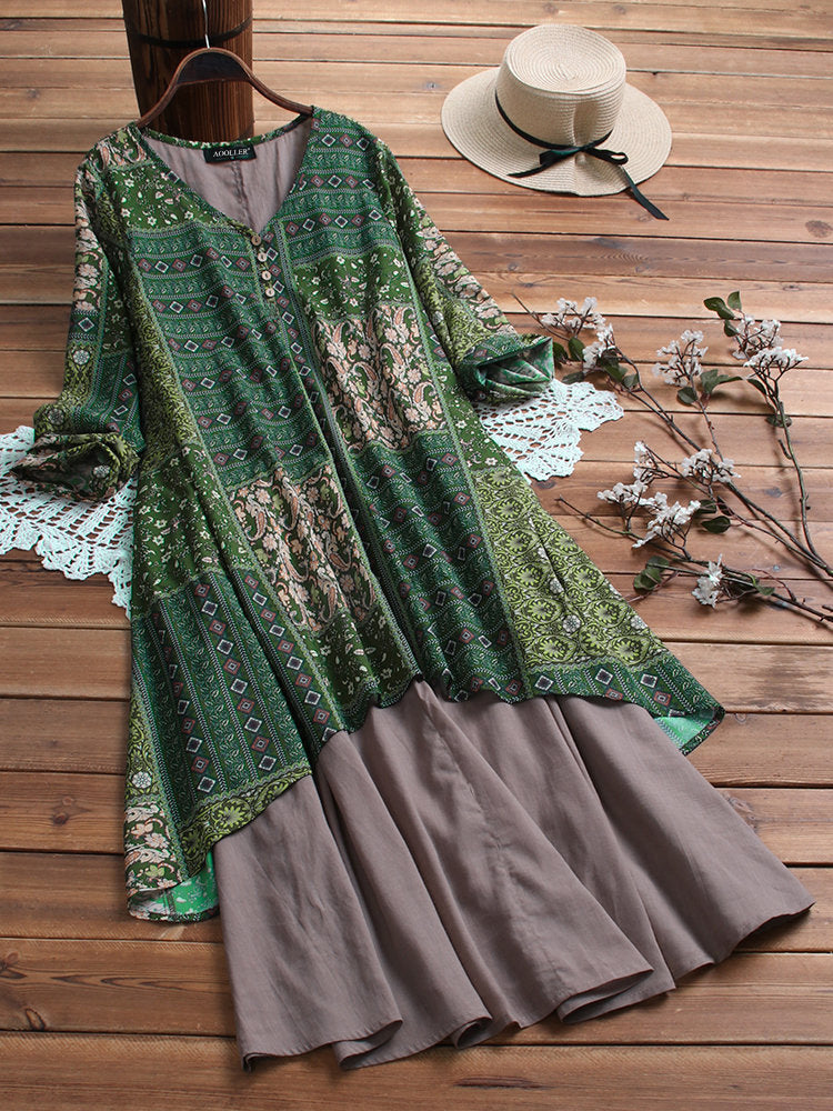 Summer cotton and linen ethnic print skirt