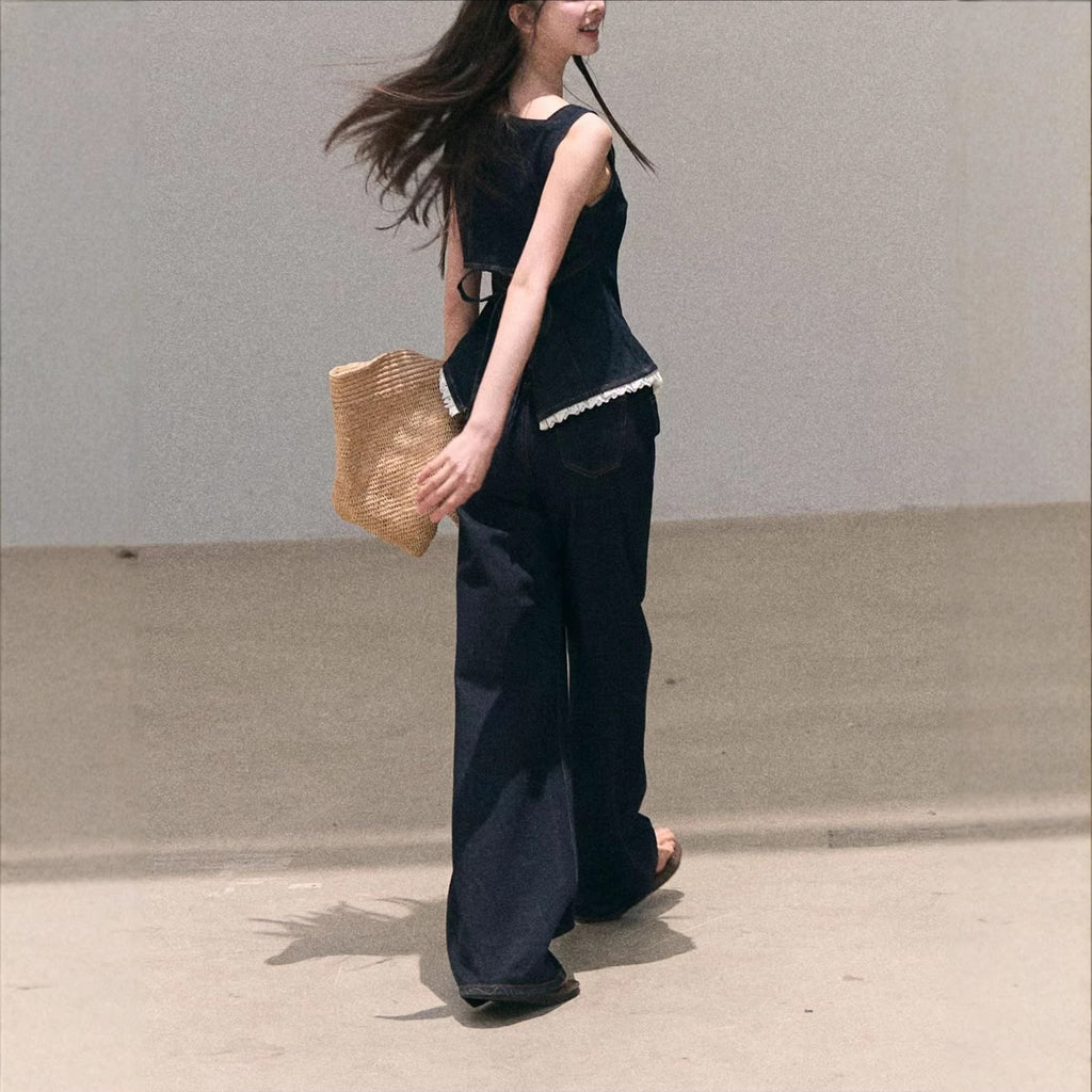 Bohemian Lace Denim Strap Wide-Leg Pants Set Sun-Kissed Look