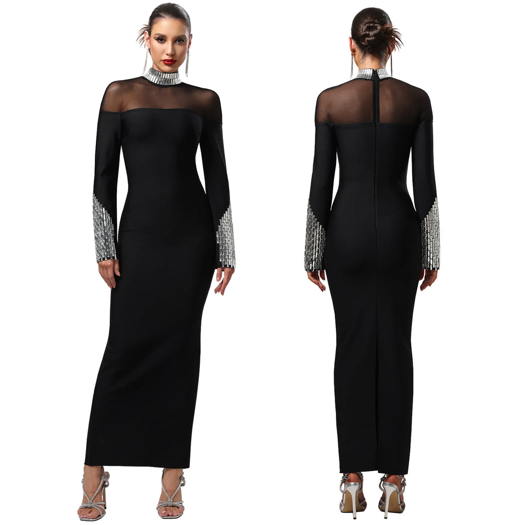 Elegant High Neck Long Sleeve Fitted Sequined Dress for Women