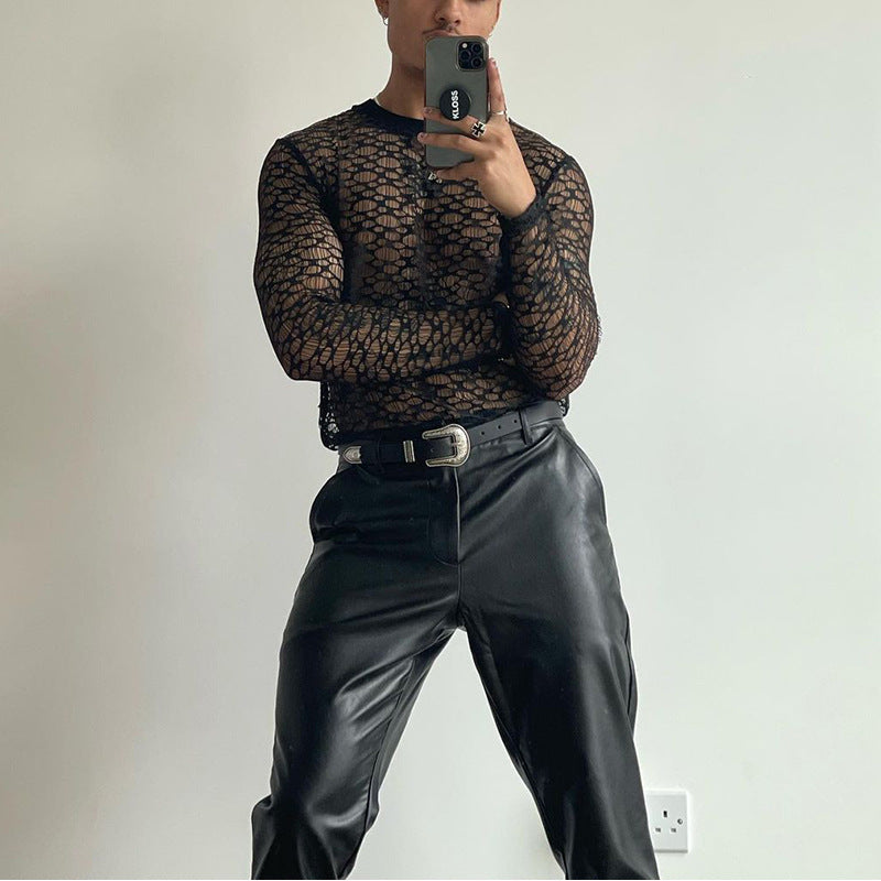 Casual Long Sleeve T-Shirt Men's Fashion Lace Hollow Out Slim Fit Semi-Transparent Black Top