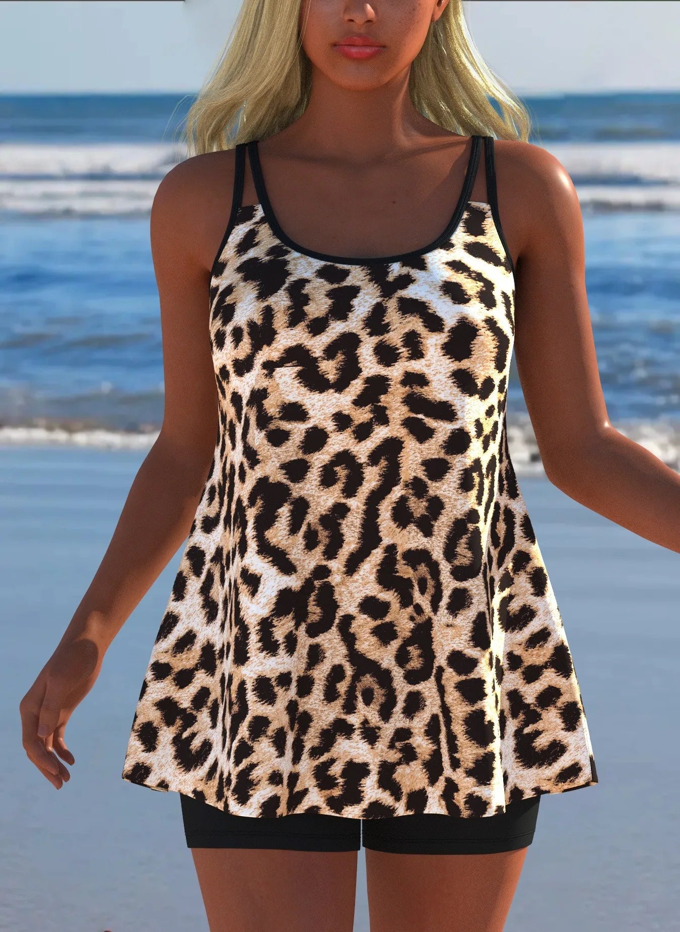 Black White Print Tankini Sleeveless Flared Hem Tankini Top High Stretch Swim Tank Gradient Adjustable Straps Two Piece Swim Top Rumanglobalcraft