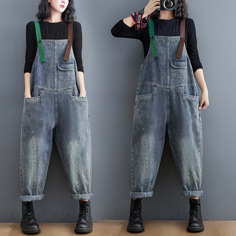 Fat Sister Clash-colored Shoulder Strap Jeans Overalls