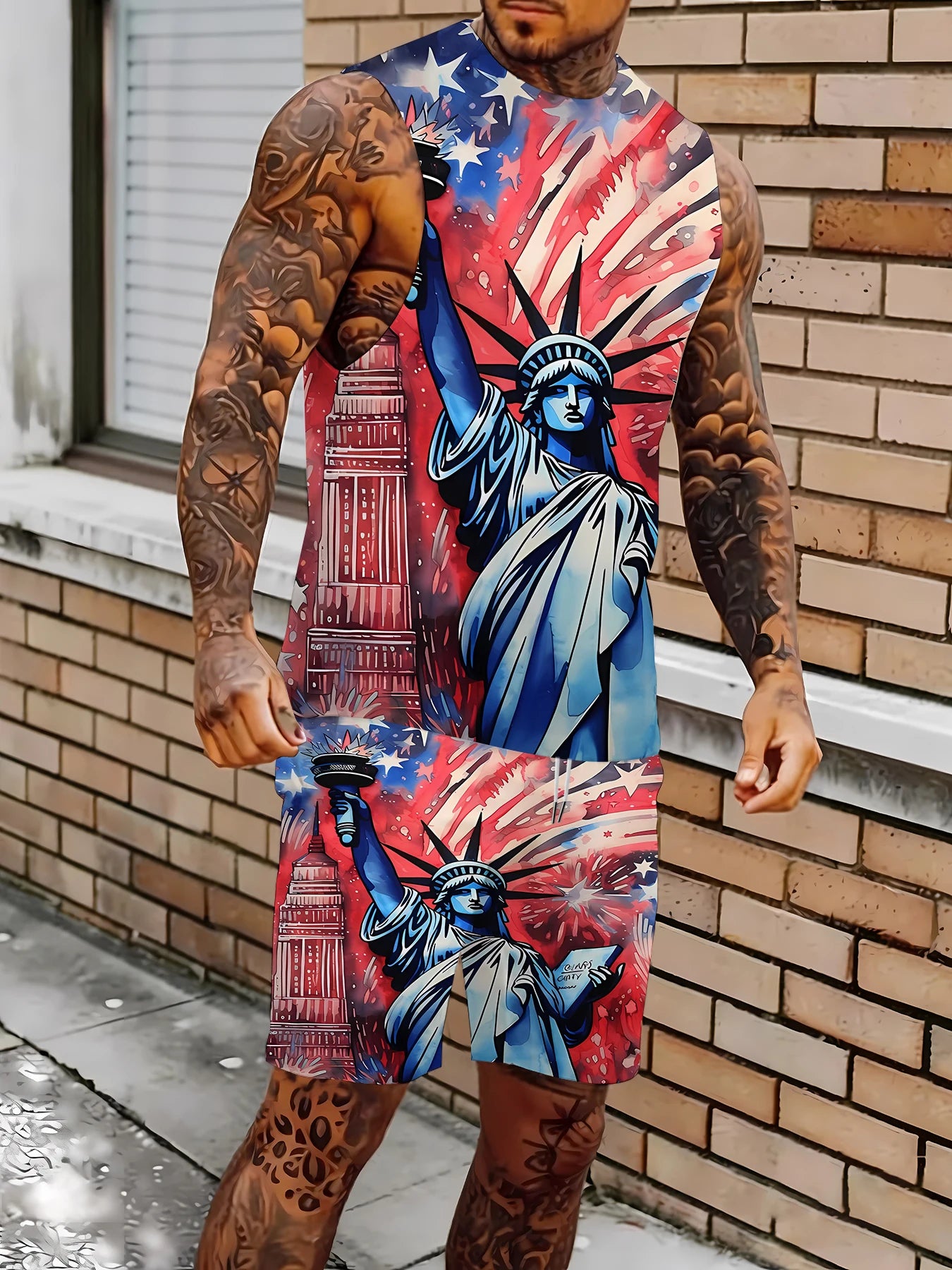 Men's V-Neck Tank Top and Shorts Set Lightweight Polyester Homewear Vacation Outfit Standard Fit Rumanglobalcraft
