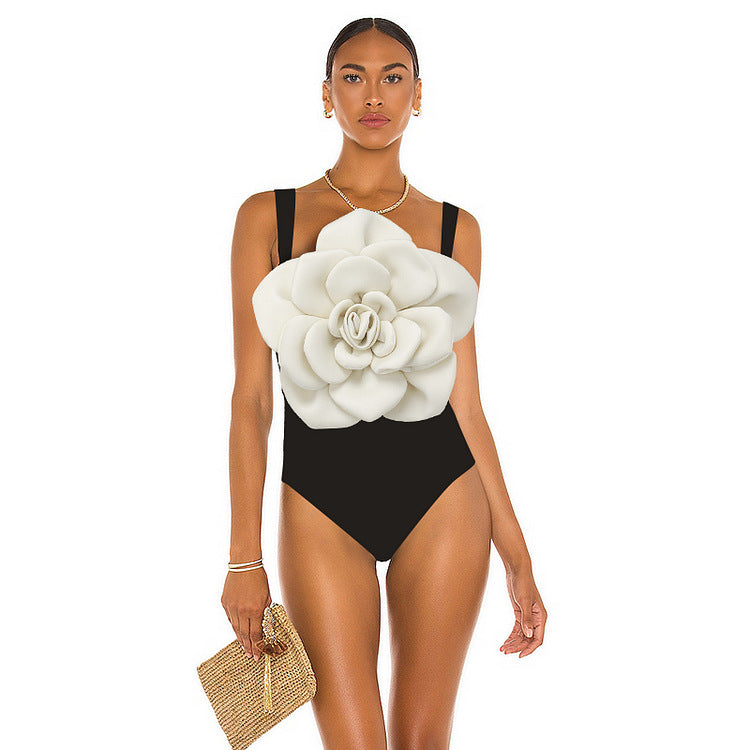 Black and White 3D Large Floral Sleeveless One-Piece Bodycon Swimwear for Women eprolo