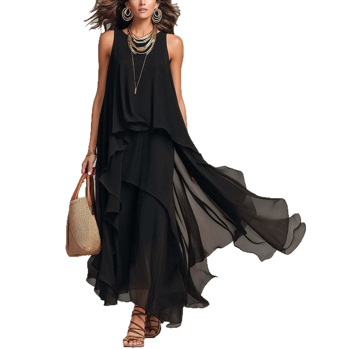 Chic Flowy Black Sleeveless Asymmetrical Chiffon Long Dress eprolo