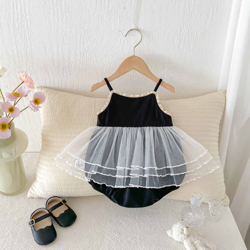 Cute Lace Trim Sleeveless Romper for Baby Girls, Summer Lightweight Onesie with Skirt Design eprolo