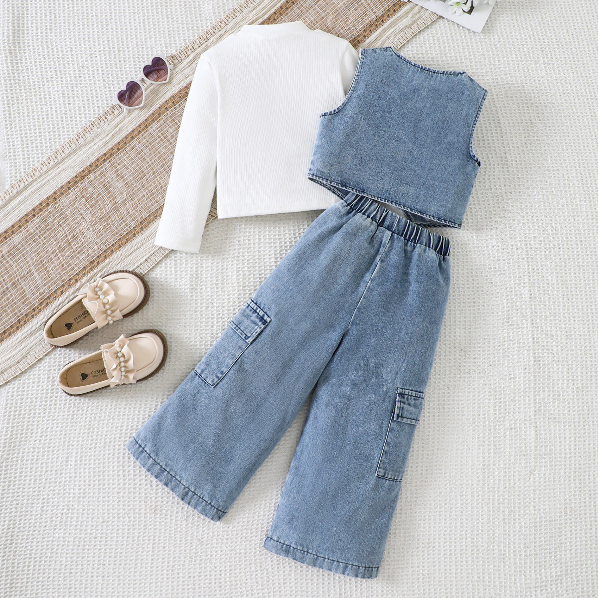 Fashionable  Girls' Denim Set Long Sleeve Bodysuit Denim Vest Wide Leg Pants Three-Piece Set